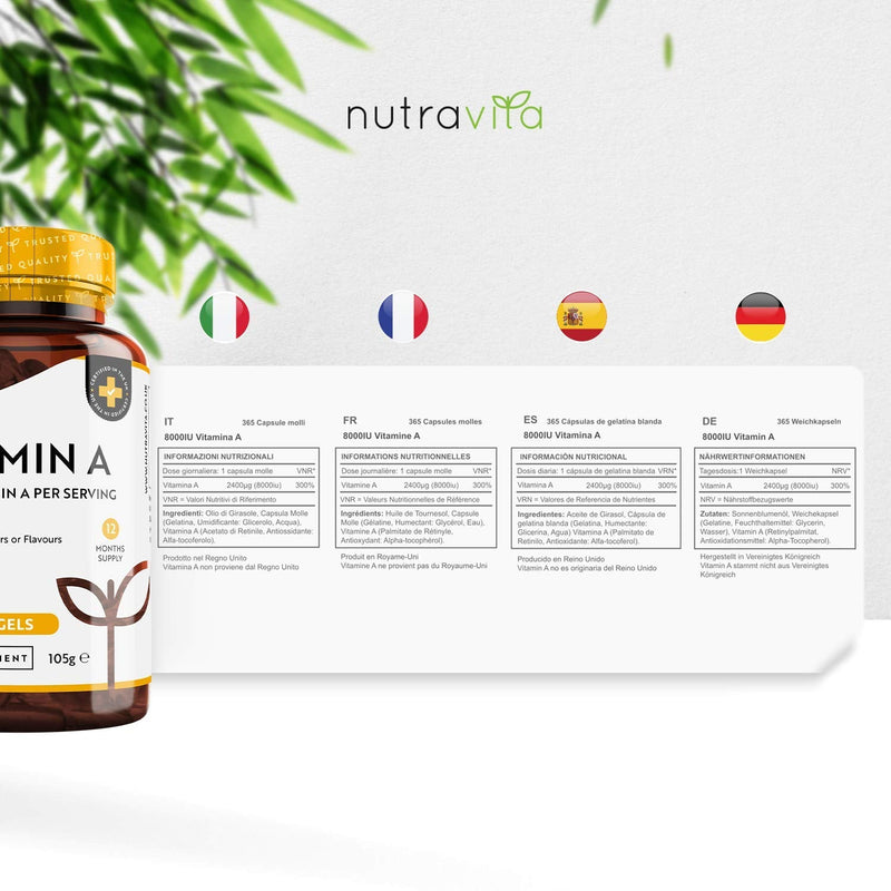 [Australia] - Vitamin A 8,000IU – 365 Softgels – Vitamin A Supplement for Normal Skin, Eyes & Immune System – No Soybean or Fish Liver Oil – 2400μg Vitamin A Capsules not Tablets – Made in The UK by Nutravita 