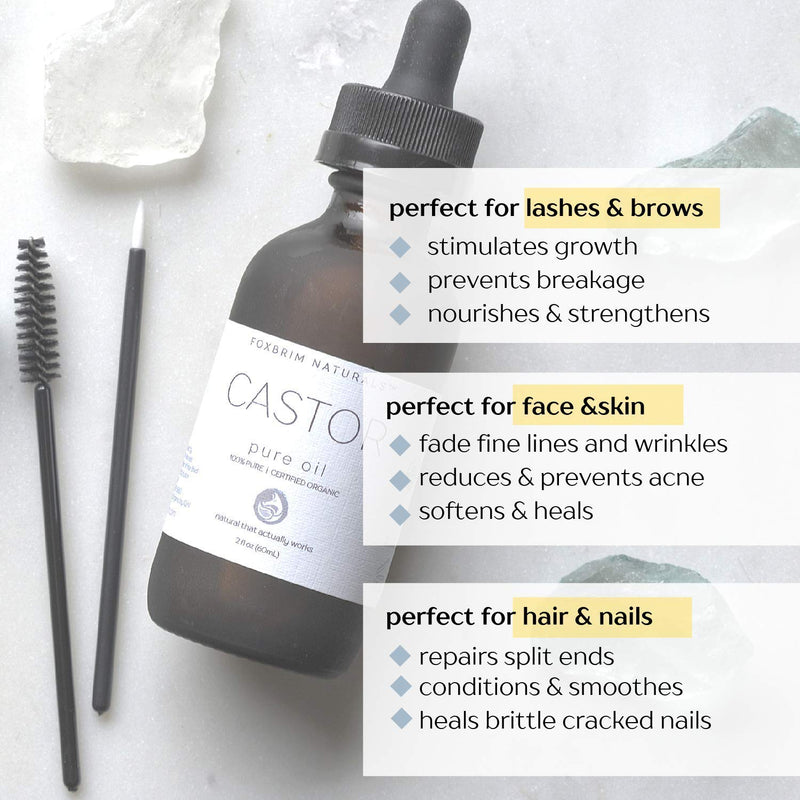 [Australia] - Foxbrim Organic Castor Oil - 100% Pure - Hexane Free - Grow Eye Lashes and Eye Brows - For Hair Skin and Nails - With Applicator Wand and Brush Kit - 2 oz 