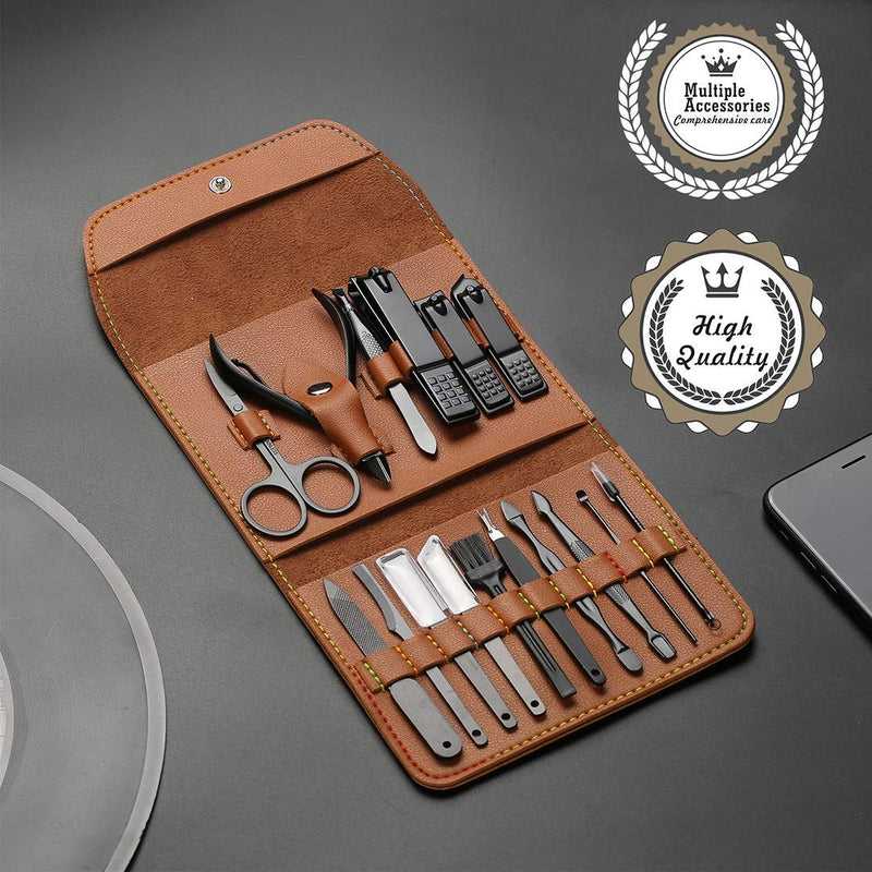 [Australia] - Gifts for Men/Women, Stainless Steel Manicure Set with PU leather case, Personal care tool (brown) 