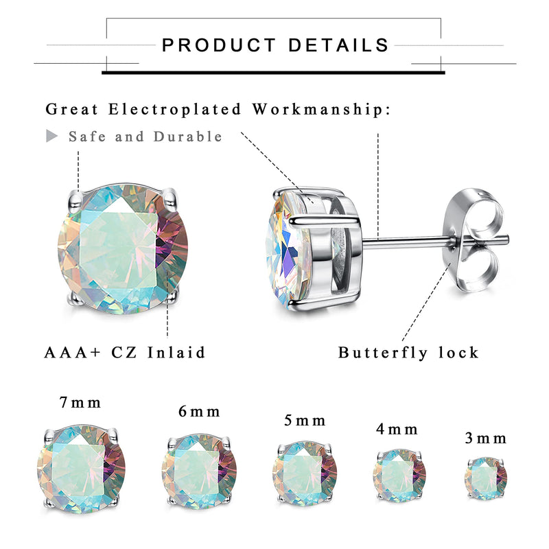 [Australia] - Drperfect 5 Pairs CZ Stud Earrings Set, Round Clear Cubic Zirconia Stud Earrings 316L Stainless Steel CZ Earrings 3-7mm Aurora Borealis 