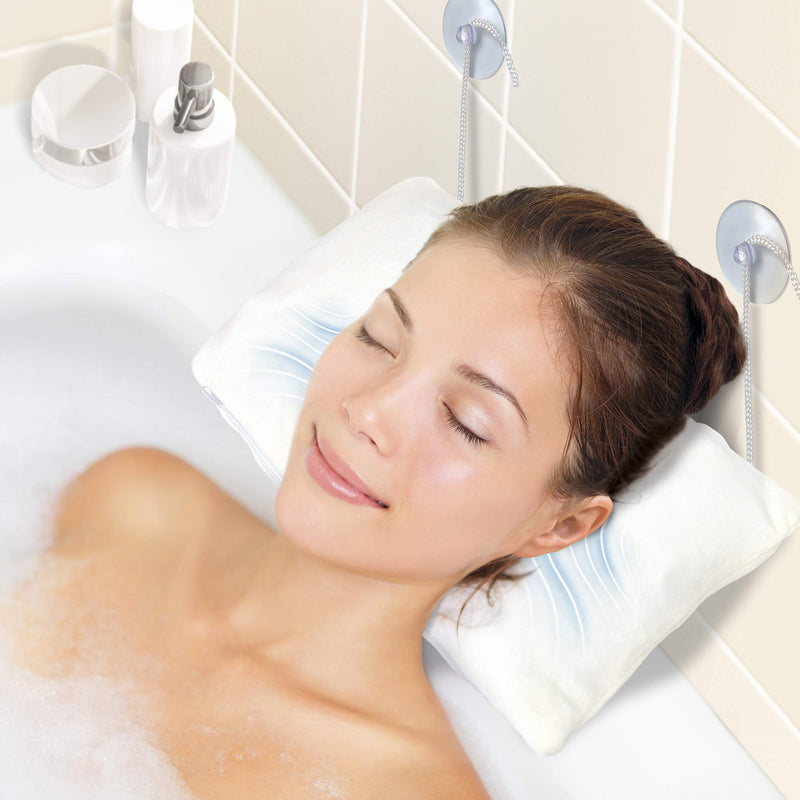 [Australia] - Massaging Bath Pillow, Luxury Bathtub Pillow, Ergonomic, Tub Neck and Back Support, Rest 3D Air Mesh, Breathable, Bath Accessory, Spa, Powerful Suction Cups, for Women & Men, White 