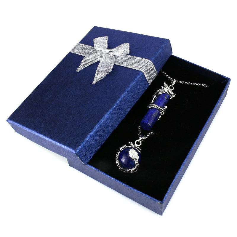 [Australia] - BEADNOVA 2pcs Dragon Wrapped Round Ball Cylinder Gemstone Necklace Crystal Healing Couple Pendant Necklaces Set 06) Synthetic Lapis Lazuli 