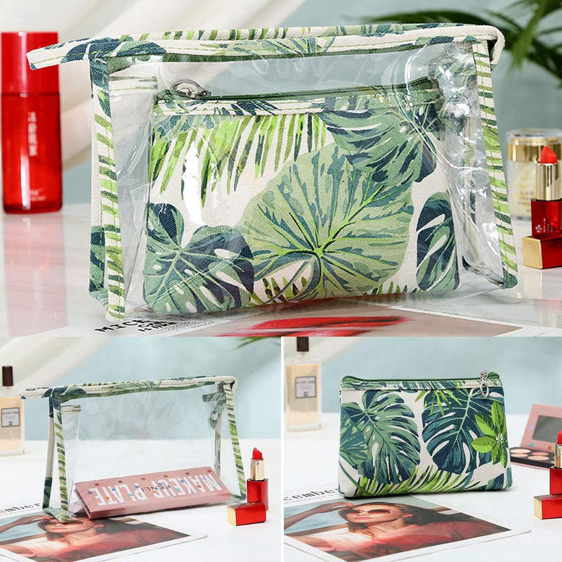 [Australia] - 2 Pieces Makeup Bags,Travel Cosmetic Bags Brush Pouch Toiletry Wash Bag Portable Travel Make up Case for Women and Girls Green leaf 