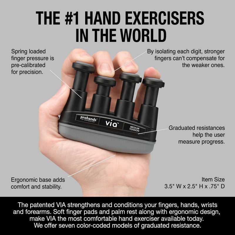 [Australia] - PROHANDS VIA Hand Exerciser, Finger Exerciser (Hand Grip Strengthener), Spring-Loaded, Finger-Piston System, Isolate and Exercise Each Finger 6 lb (Medium Tension) Black - Via 