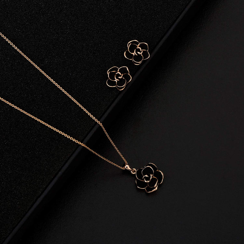 [Australia] - Rose Flower Necklace Earrings Set for Women 18K Gold Plated Hypoallergenic Jewelry Sets Black 