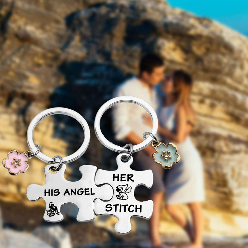 [Australia] - CYTING Her Stitch His Angel Puzzle Piece Keychain Set with Hibiscus Flower Charm Hawaiian Jewelry Gift for Couples Family Best Friends Stitch Angel puzzle piece 