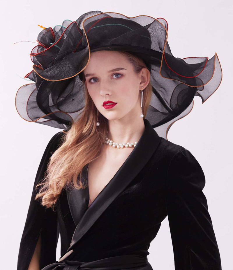 [Australia] - Z&X Women Kentucky Derby Church Hat Organza Flower Wide Brim Fascinator Hats for Wedding Tea Party, Dual-use 1901- Black 