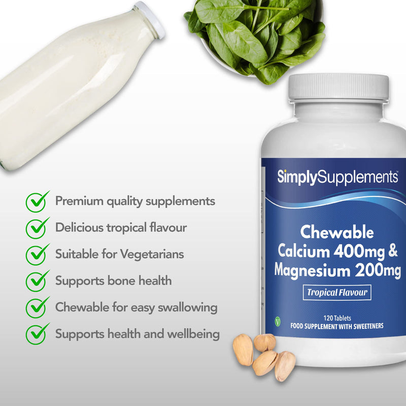 [Australia] - Chewable Calcium & Magnesium Tablets (120 Tablets) | Delicious Tropical Flavour | Vegan & Vegetarian Friendly | Crucial Nutrients for Bones & Muscles | Optimal 2:1 Ratio 