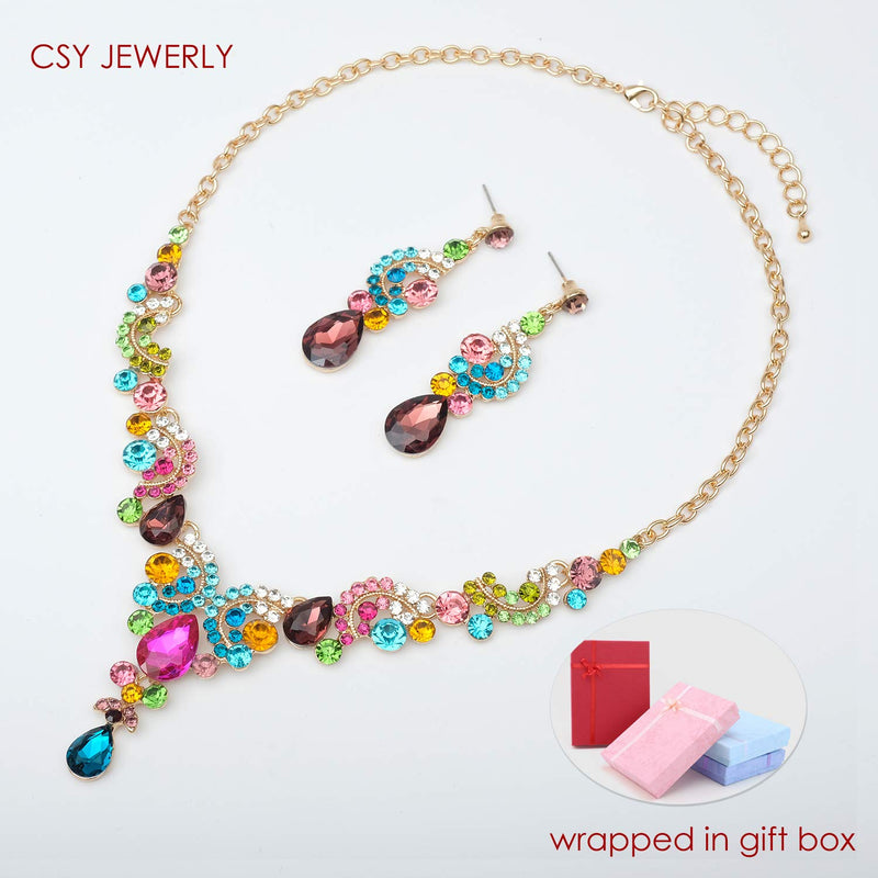 [Australia] - CSY Elegant Crystal Necklace Earrings Bracelet Ring Bridal Wedding Party Costume Jewelry Sets for Brides Women 4 Pcs/Set-Gold Plated - Multicolor 