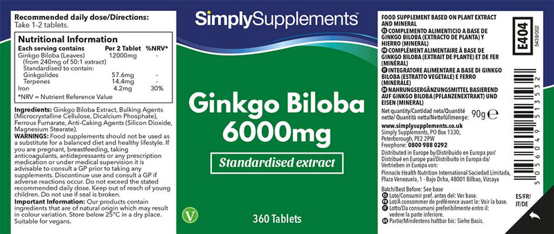 [Australia] - Ginkgo Biloba Tablets 6000mg | Supports Circulation and Mental Performance | Vegan & Vegetarian Friendly | 360 Tablets = Up to 1 Year Supply | Manufactured in The UK 