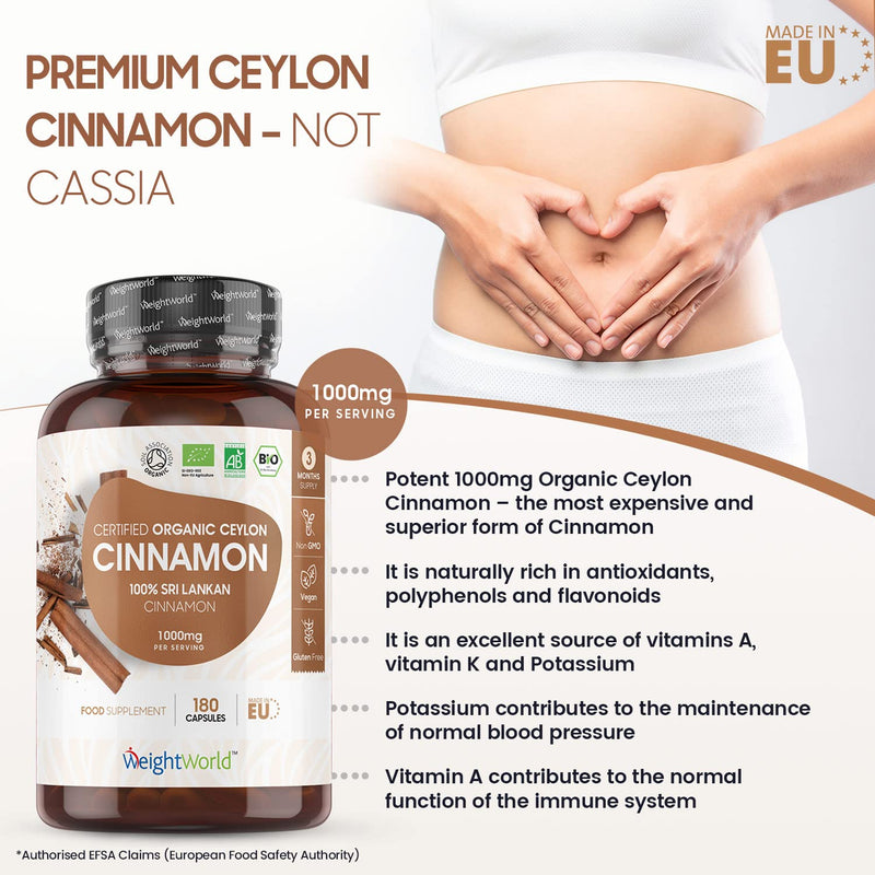 [Australia] - Organic Cinnamon Capsules 1500mg per Serving (3 Capsules) - 180 Vegan Capsules - Ceylon Cinnamon Powder - Soil Association Certified Digestion Supplement - Rich Source of Calcium - GMO & Gluten Free 