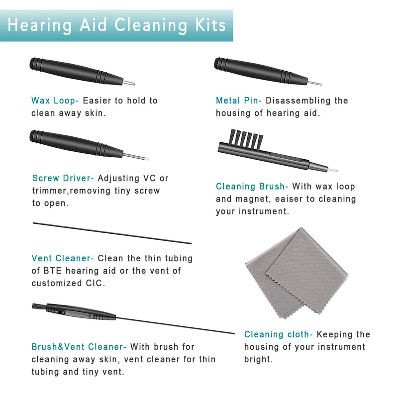 [Australia] - 8 Pieces Hearing Aid Case Pocket Size with Cleaning Cloth Brush Tools for Sound Amplifier(Black) 