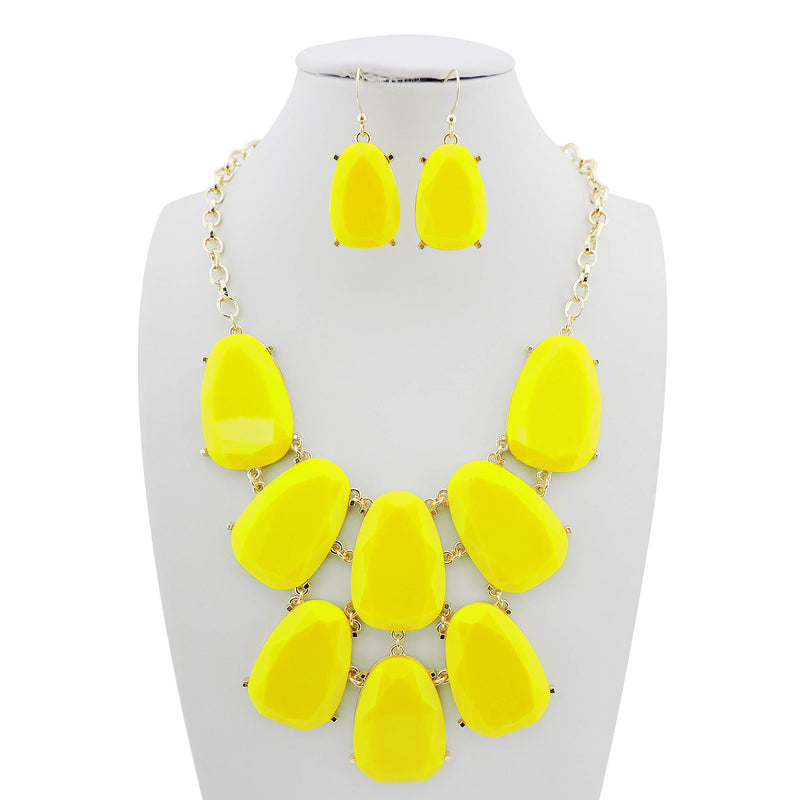 [Australia] - Firstmeet Statement Bubble Chunky Pendant Necklace with Earrings (XL-1123) yellow 