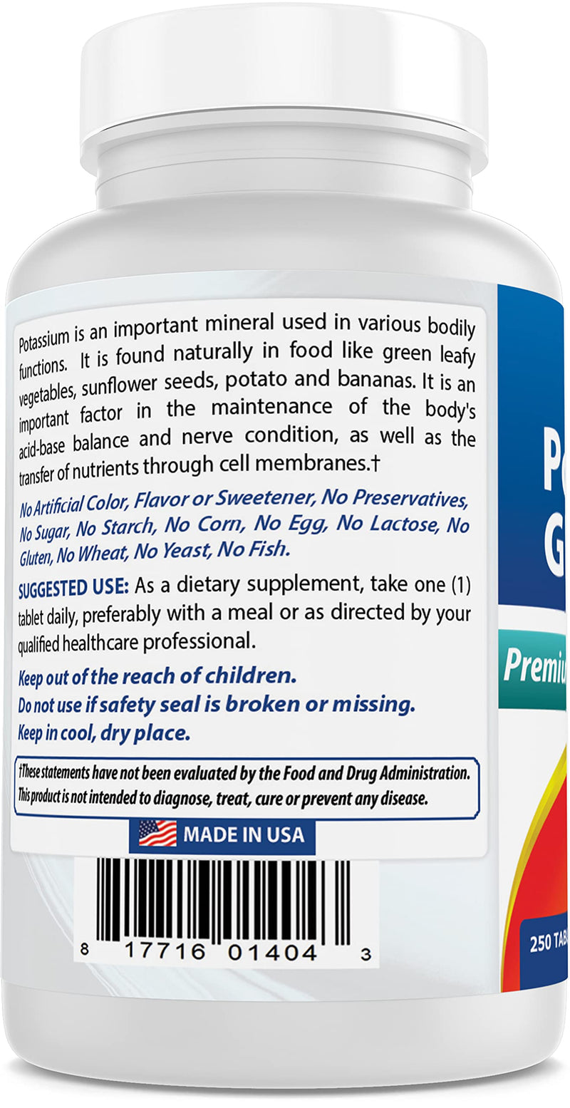[Australia] - Best Naturals Potassium Gluconate 595 mg 250 Tablets (250 Count (Pack of 1)) 250 Count (Pack of 1) 