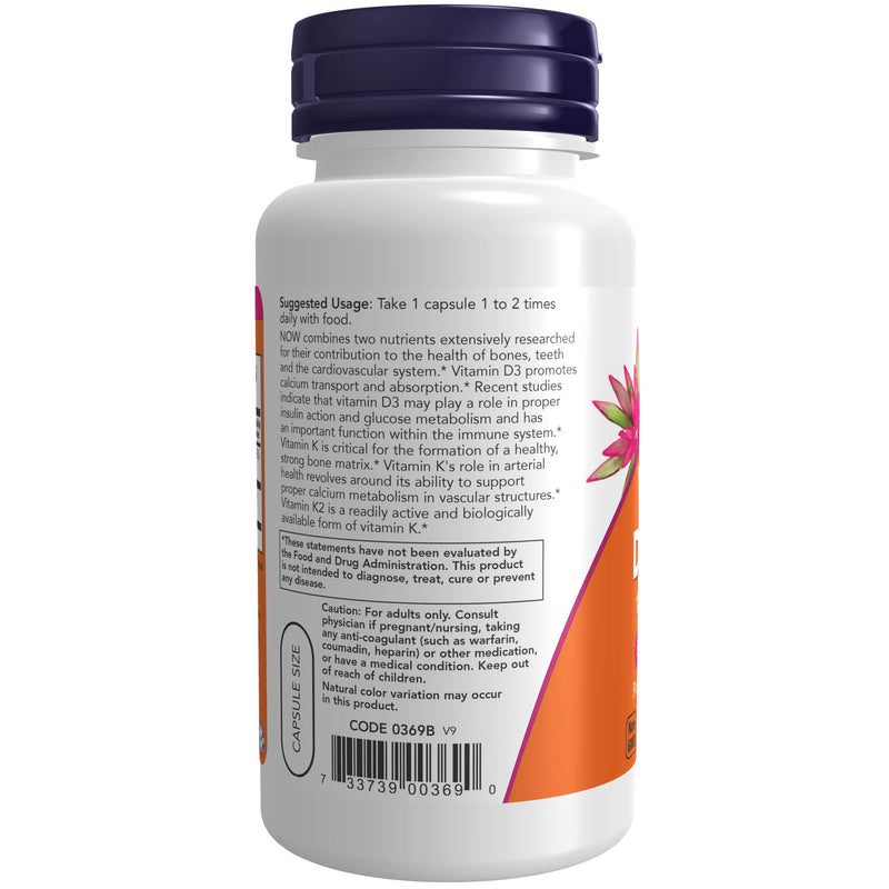 [Australia] - NOW Supplements, Vitamin D-3 & K-2, 1,000 IU/45 mcg, Plus Cardiovascular Support*, Supports Bone Health*, 120 Veg Capsules 