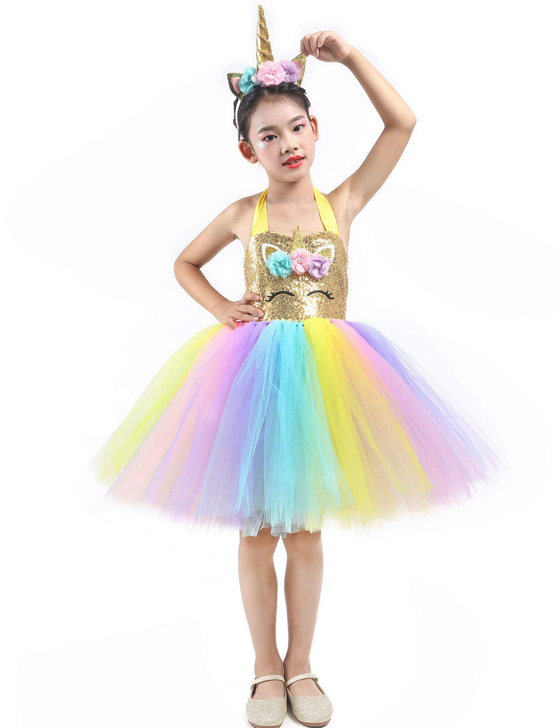 [Australia] - Tutu Dreams 3pcs Gold Unicorn Dress with Wings and Headband for Girls 1-10Y Birthday Christmas Party Gifts 1-2T 