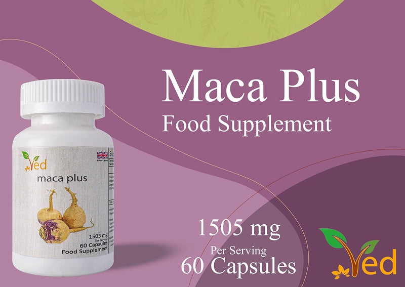 [Australia] - Ved Organic Maca Root Black, Red, Yellow 1505 mg per Serving 60 Capsules Peruvian Maca Root Gelatinized 100% Pure Non-GMO Supports Reproductive Health Natural Energizer (30 Days Supply). 