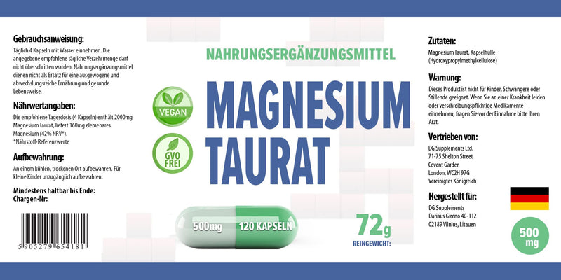 [Australia] - Magnesium Taurate 2000mg Per Serving 120 Vegan Capsules, 3rd Party Lab Tested, High Strength Supplement, No Fillers or Bulkers, Gluten and GMO Free Salmonella 120 Count (Pack of 1) 