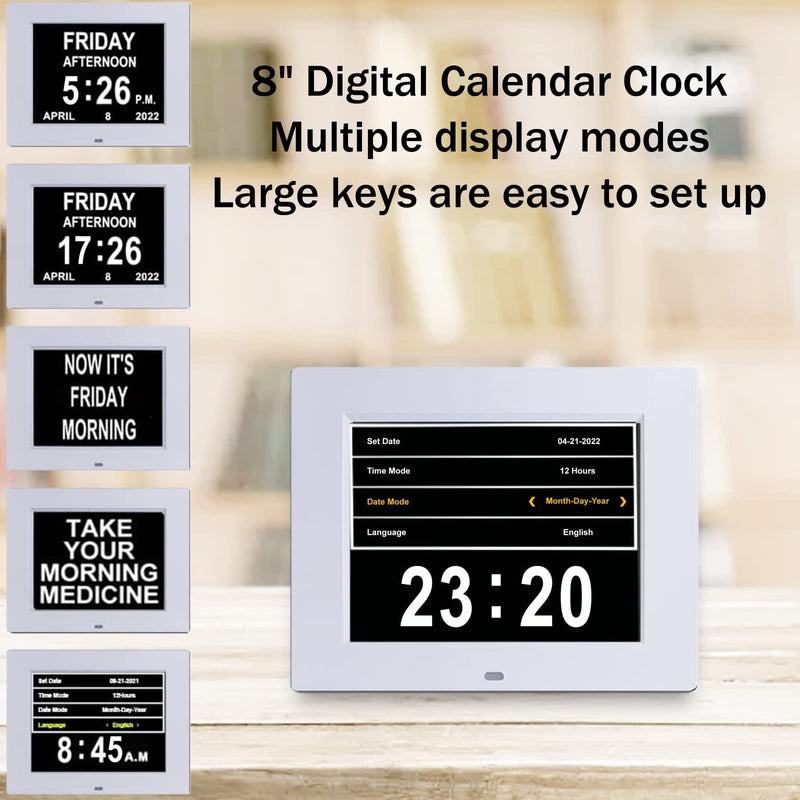 [Australia] - Johnziny 【2022 Newest Version】 Digital Day Calendar Clock- 8 Alarms,Dementia Clocks Display Non-Abbreviated Date Day Time Month, Vision Impaired Clock for Seniors Memory Loss Alzheimer 8" White 