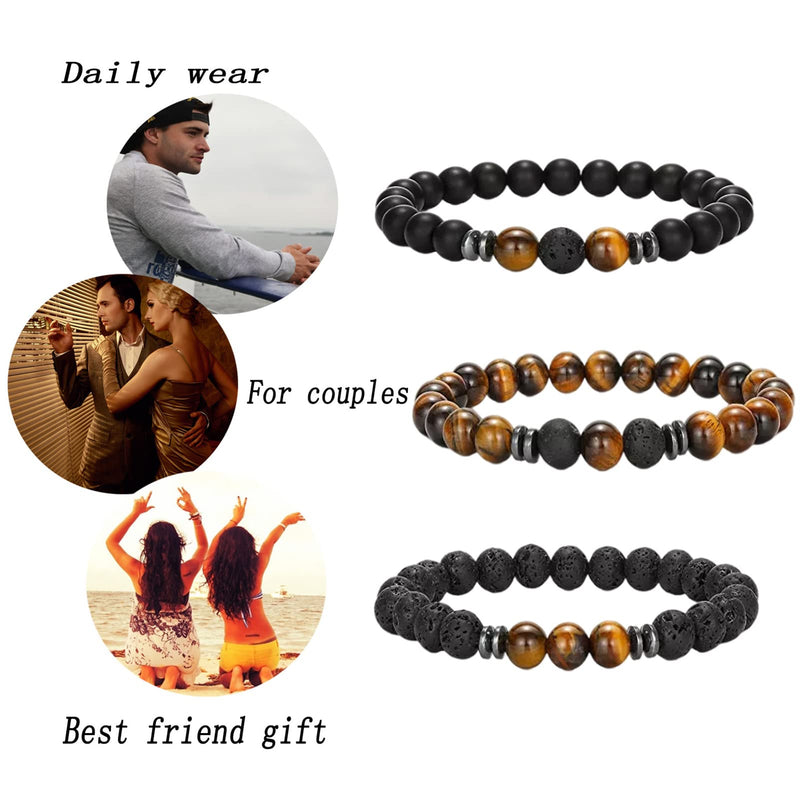 [Australia] - Karjiaja 3 PCS Tigers Eye Bracelet Crystal Beads Agate Gemstones Natural Stone Chakra for Women Healing Positivity Anxiety Relief Yoga Reiki Elastic 