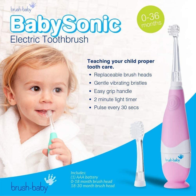 [Australia] - Brush Baby BabySonic Infant and Toddler Electric Toothbrush for Ages 0-3 Years - Smart LED Timer and Gentle Vibration Provide a Fun Brushing Experience - Includes 2 Sensitive Brush Heads (Pink) Pink 