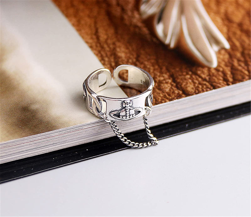 [Australia] - Beccalame Saturn Chain Sterling Silver Adjustable Ring Y2K Edgy Rings Fashion Handmade Jewelry Gift For Women Men Tassel Dangling Chain Ring 