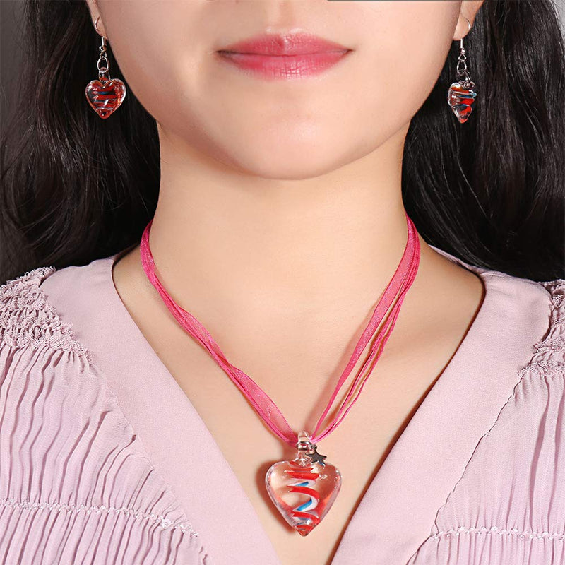 [Australia] - VEINTI+1 Exotic Style Eye-Catcher Handmade Romantic Heart with Pink Flower Design Glass Necklace Multicolor Set 