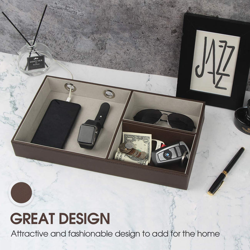 [Australia] - JACKCUBE DESIGN Nightstand Organizer for Men, Leather Valet Tray Key Wallet Phone Watch Glass Holder with 2 Charging Holes (Dark Brown, 14.2 x 7.7 x 2 inches) - MK234A 