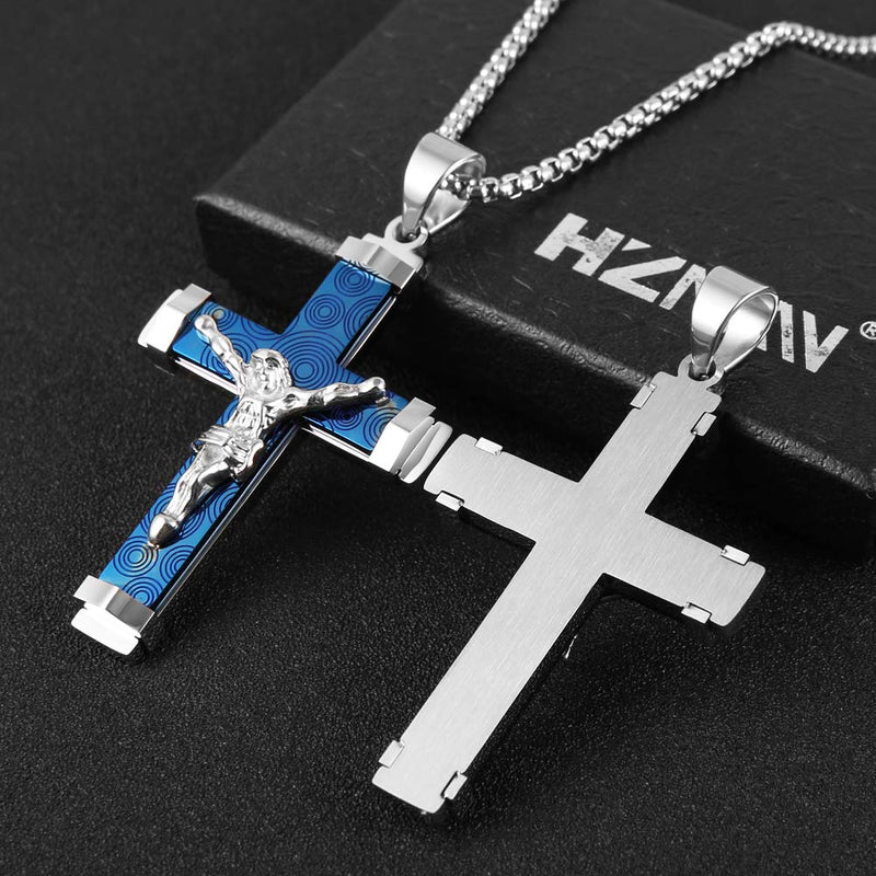 [Australia] - HZMAN Crucifix Stainless Steel Jewelry Jesus Cross Pendant Gold Silver Black Necklace Gift Blue 