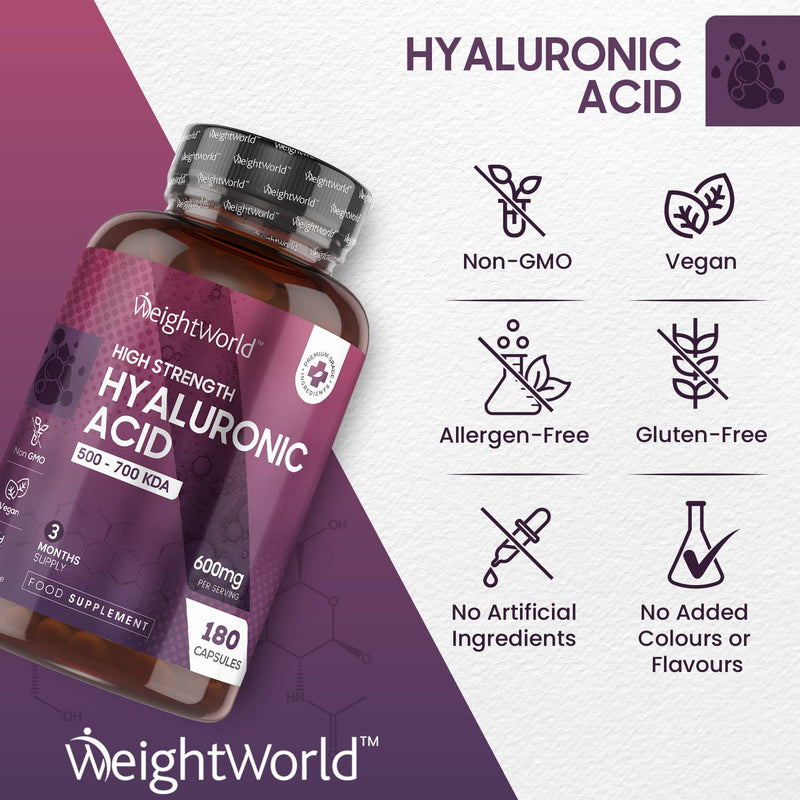 [Australia] - Hyaluronic Acid Supplement 600mg (500-700 KDA) - 180 Vegan Triple Strength Hyaluronic Acid Capsules - 3 Month Supply - Natural Skin, Hair & Joint Supplement for Women & Men - Superior Absorption 
