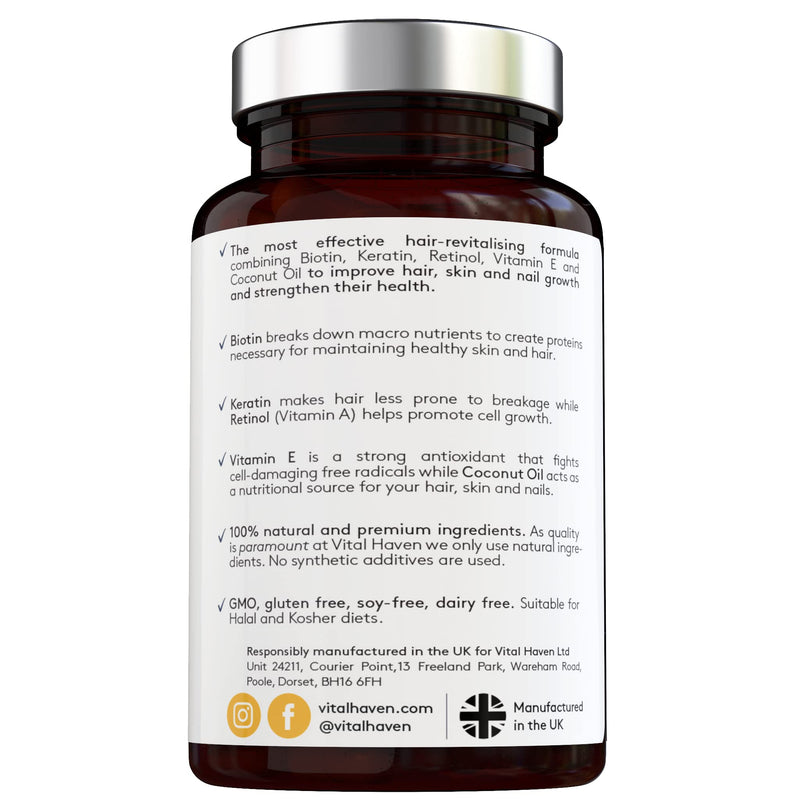 [Australia] - Complex Hair Formula - Biotin & Keratin with Vitamin A & E and Coconut - High Strength - 2-Month Supply - Premium Ingredients - for Stronger Hair and Skin - Made in The UK 
