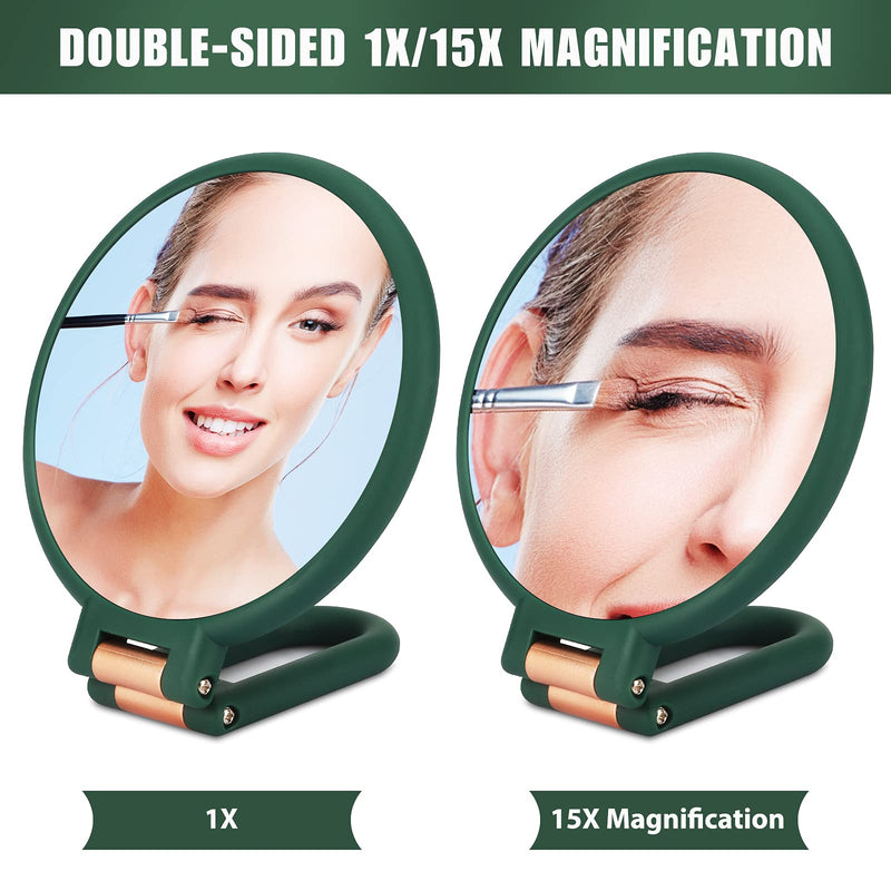 [Australia] - Linkstyle Makeup Mirror Double Sided, 1x 15x Magnifying Hand Held Mirror with 360° Folding Handle, Hanging Beauty Vanity Mirror, Portable Small Travel Mirror for Girl Women - Green 