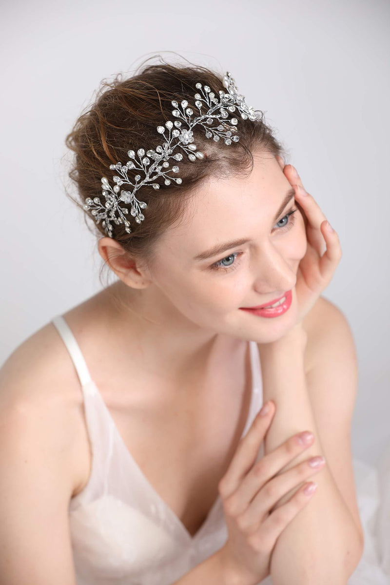 [Australia] - FXmimior Bridal Goddess Wedding Leaf Flower Headpiece Silver Grecian Headband Wedding Prom Hair Jewelry Bridal Back Headpiece Rhinestone Shine Tiara Hair Accessories 