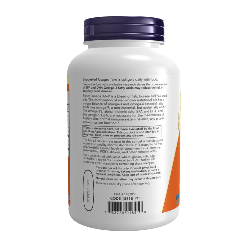 [Australia] - NOW Supplements, Super Omega 3-6-9 1200 mg with a blend of Fish, Borage and Flax Seed Oils, 180 Softgels 