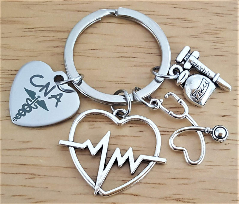 [Australia] - CNA Certified Nursing Assistant Keychain, CNA Keychain, ECG, EKG Hearbeat Charm, Stethoscope, Syringe, Caduceus Medical Symbol Keychain, Nursing School, Medical Student Gift, CNA Key Ring 