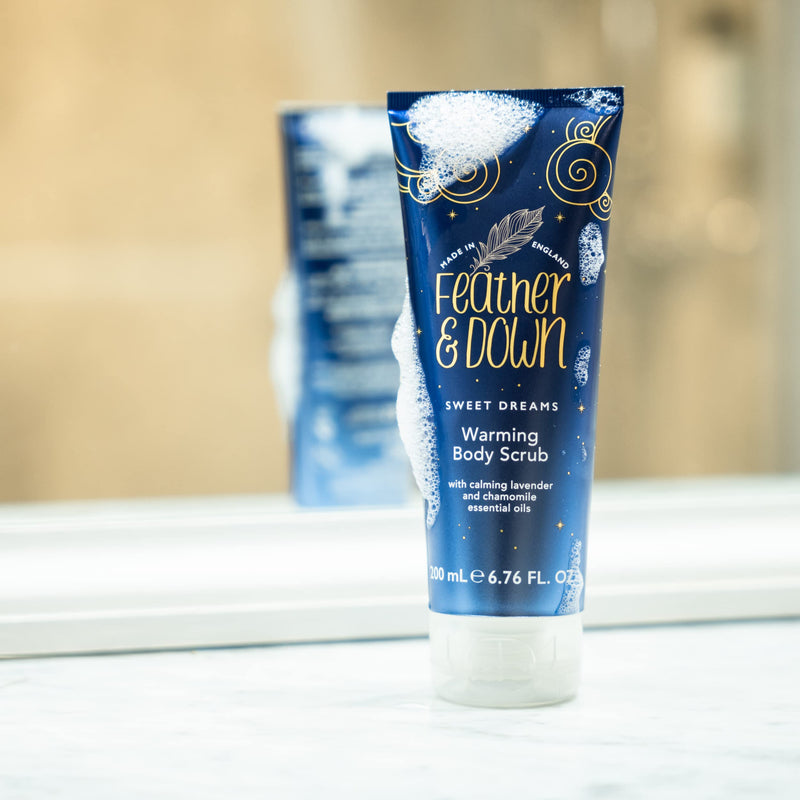 [Australia] - Feather & Down Warming Body Scrub (200ml) - With Calming Lavender & Chamomile Essential Oils. Exfoliates & Gently Warms Tired Muscles. Relieving Tensions from the day. 