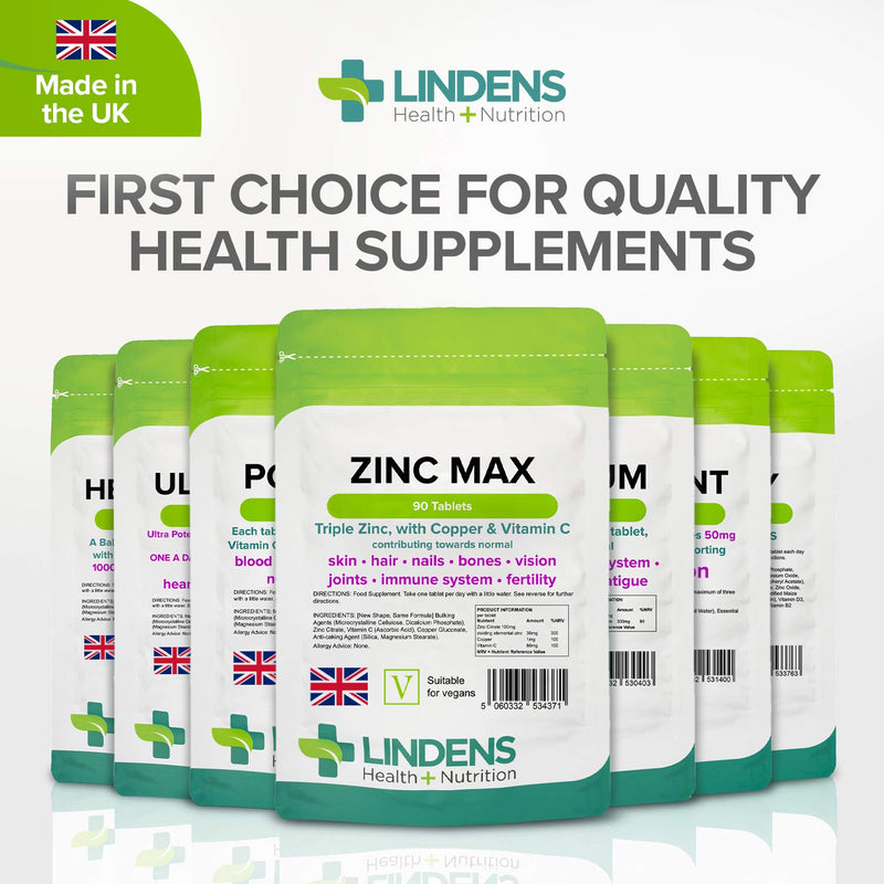 [Australia] - Lindens Zinc Max Tablets - 90 Pack - Provides 300% Nrv Dose and Fortified with Vitamin C & Copper to Contribute Towards Healthy Hair, Skin, Nails, Vision & Hormone Balance - UK Manufacturer, Letterbox Friendly 