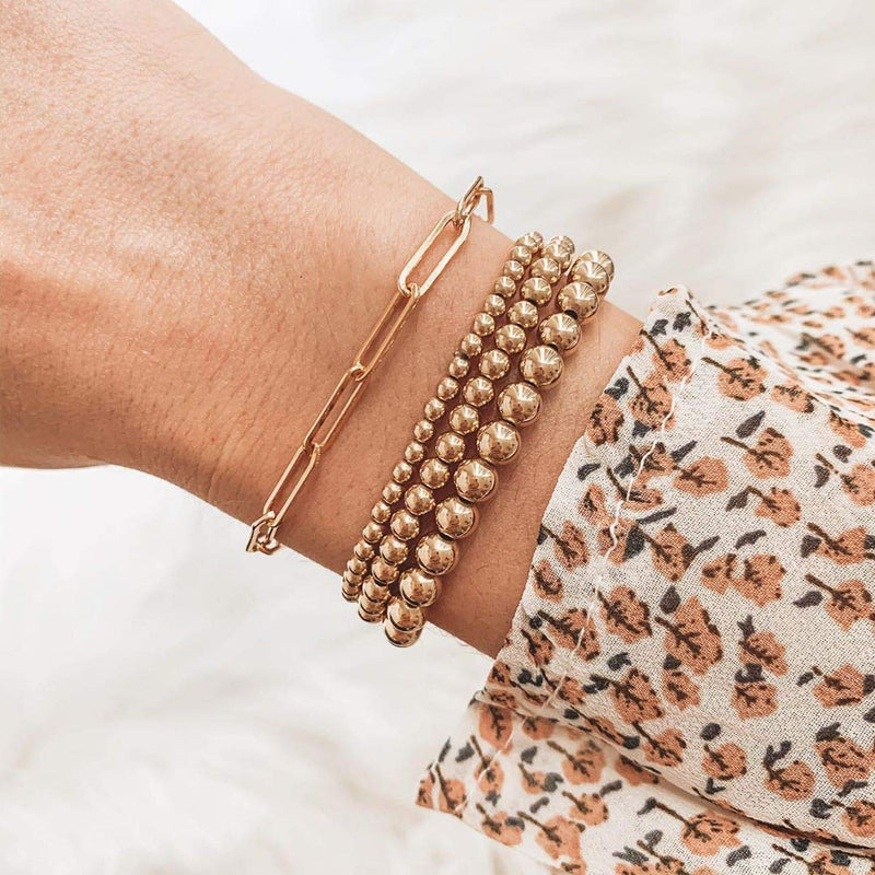 [Australia] - Reoxvo 18K Gold Plated Stainless Steel Gold Beaded Ball Bracelets for Women Stackable Stretch Elastic Bracelet 4mm+4mm 