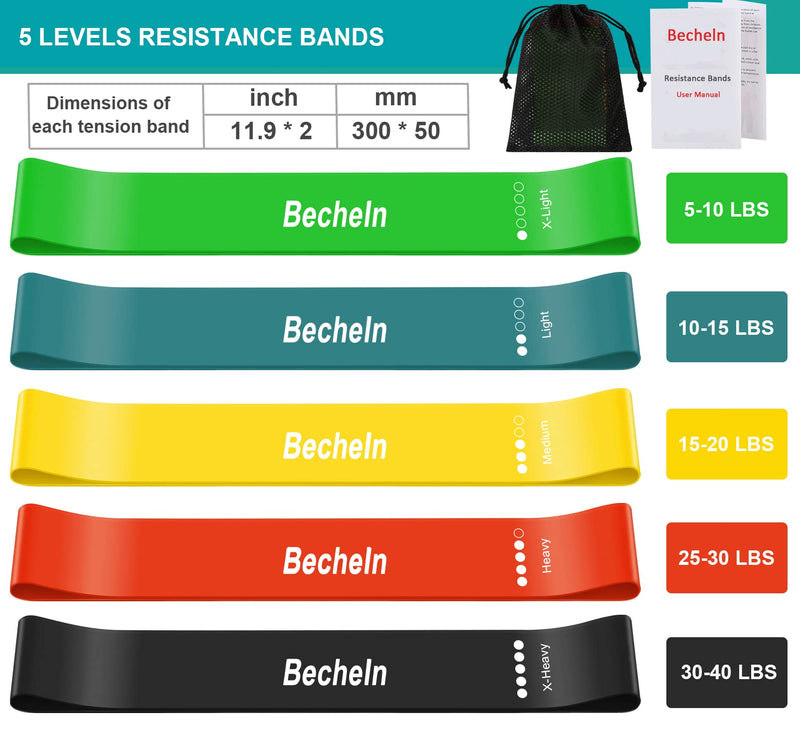 [Australia] - Becheln Resistance Band, Exercise elastic Bands for Yoga, Pilates, Fitness and Working Out, Set of 5 Stretch Bands with Carrying Bag Resistance Band Regular Color 5-Pack 