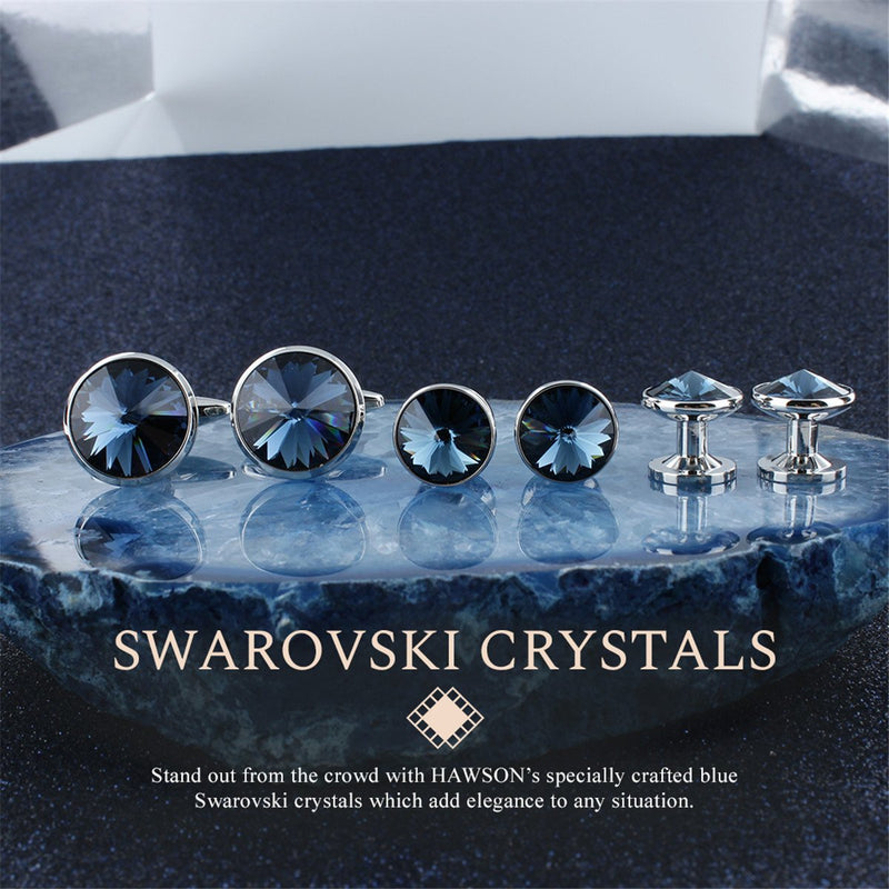 [Australia] - HAWSON Cufflink and Studs Tuxedo Set Silver Color with Swarovski Crystals in Jet Hematite, Dark Blue, Crystal Grey,Purple, Green Dark Blue(2 cufflinks & 4 studs) 