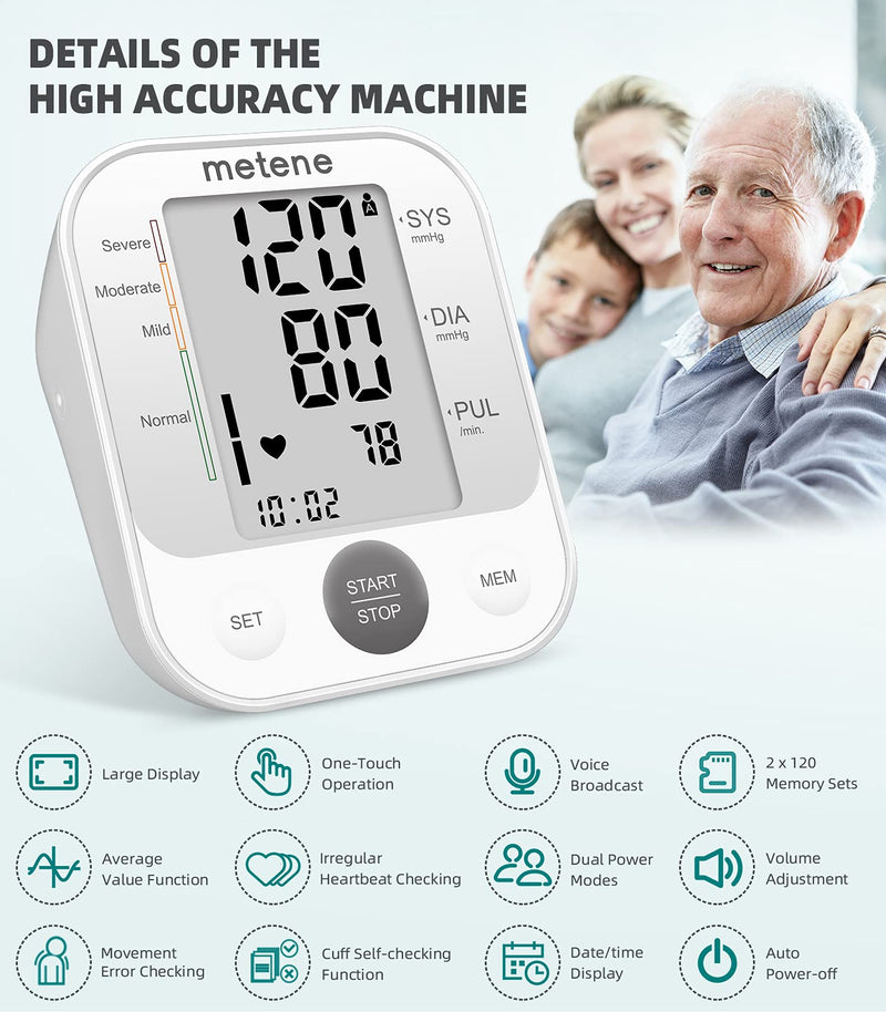 [Australia] - Metene Blood Pressure Monitor Upper Arm BP Cuff Machine, Accurate Automatic High Blood Pressure Machine Kit with Large Cuff 22-40cm, Pulse Rate Monitor for Home Use 