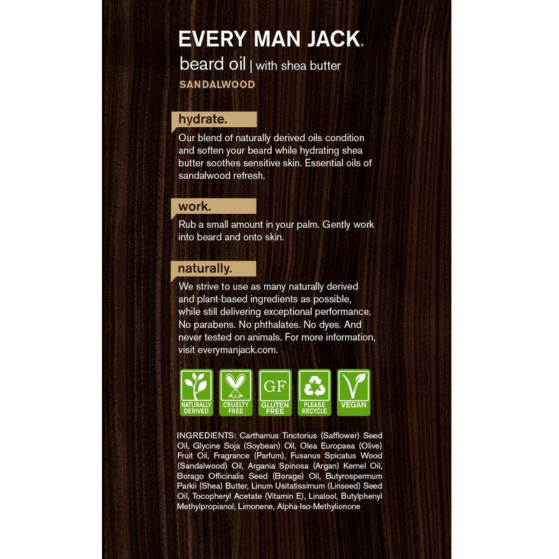 [Australia] - Every Man Jack Beard Oil - Sandalwood | 30 ml - 1 Bottle | Naturally Derived, Parabens-free, Pthalate-free, Dye-free, and Certified Cruelty Free 