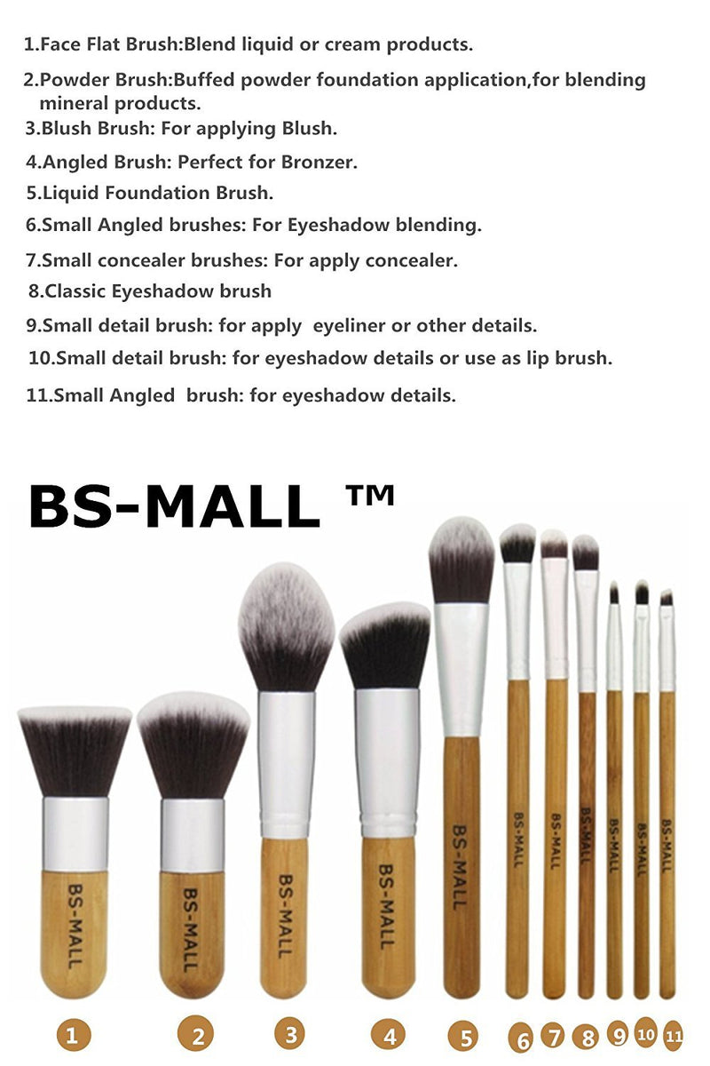 [Australia] - BS-MALL Makeup Brush Set 11Pcs Bamboo Synthetic Kabuki Brush Set Foundation Powder Blending Concealer Eye shadows Blush Cosmetics Brushes with Organizer Bag & Makeup Sponge… 