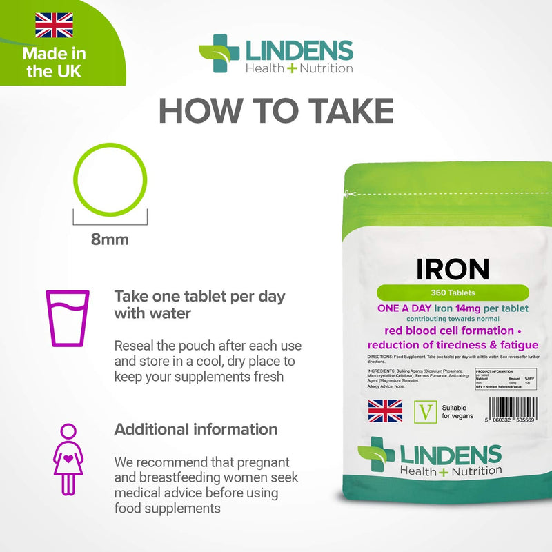 [Australia] - Lindens Iron 14mg Tablets - 360 Vegan Tablets - Reduce Tiredness, Increase Energy | Creates Healthy Red Blood Cells, Normal Oxygen Transportation | Made in The UK | (12 Months Supply) 