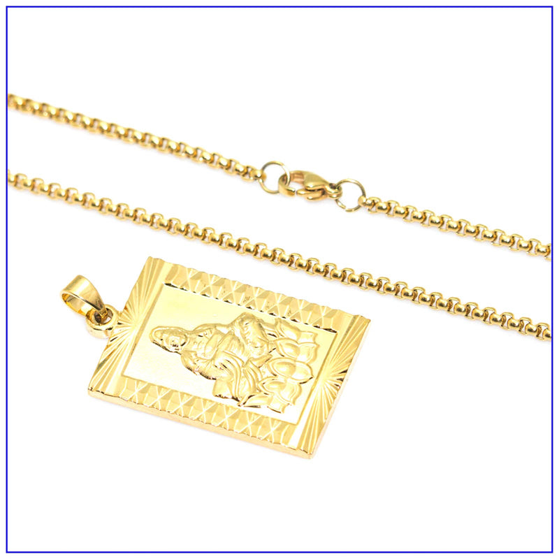 [Australia] - Fusamk Fashion Plated 18K Gold Buddha Dog Tag Pendant Guan Yin Necklace,22" Box Chain Plated Gold Guan Yin Dog Tag 