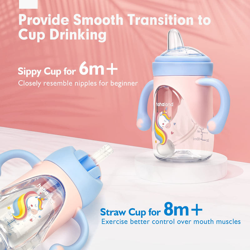 [Australia] - hahaland 2 in 1 Baby Cups & Sippy Cup with Straw and a Spout 240ML, Toddler Drinks Water Bottles Trainer Cup with Handles for Babies 6 12 Months - Unicorn (One Cup with 2 Nipples) Pink & Purple 
