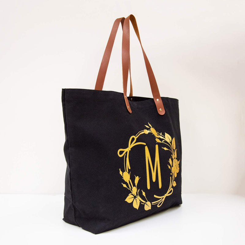 [Australia] - ElegantPark Birthday Gifts for Women Personalized Monogrammed Gifts Bag Monogram M Initial Bags and Totes for Wedding Gifts Teacher Gifts Bag with Pocket Black Canvas Tote Bag 
