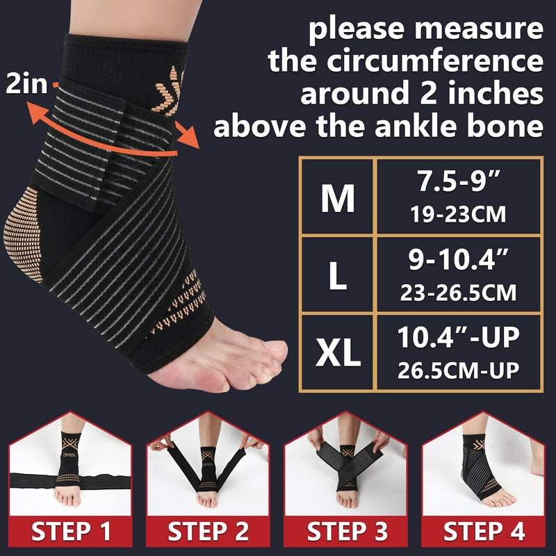 [Australia] - Copper Ankle Brace Compression Sleeve Support for Women & Men - Adjustable Strap for Arch Support - Plantar Fasciitis Brace for Sprained Ankle, Achilles Tendonitis Pain, Injury Recovery, Running Large copper black 
