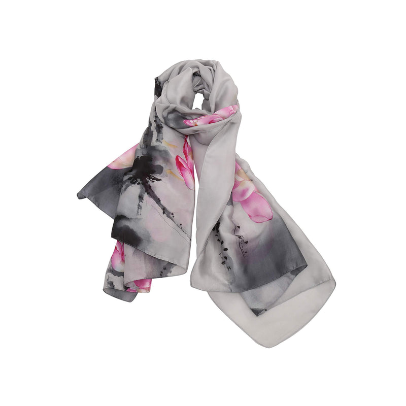 [Australia] - LanSilk Women Silk Scarf Fashion - Elegant Lightweight Silk Cashmere Lady Head Scarf Neck Scarf Hair Scarf Long Large Scarves for Ladies (170x86cm) Lotus Silver White Flower 