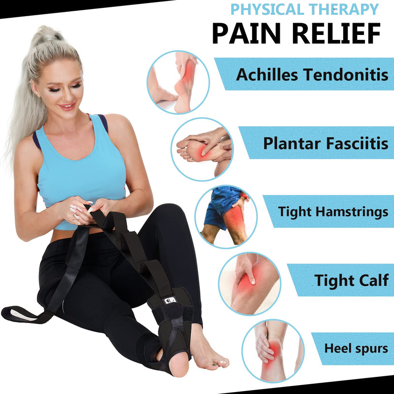 [Australia] - Foot and Calf Stretcher for Plantar Fasciitis, Premium Physiotherapy Stretching Strap Improves Strength and Relief to Heel Spurs, Calf, Thigh and Hip (Black) Black 